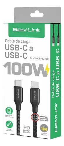 Cable Carga Rápida Usb-c A Usb-c 100w 1m Trenzado Resistente Negro