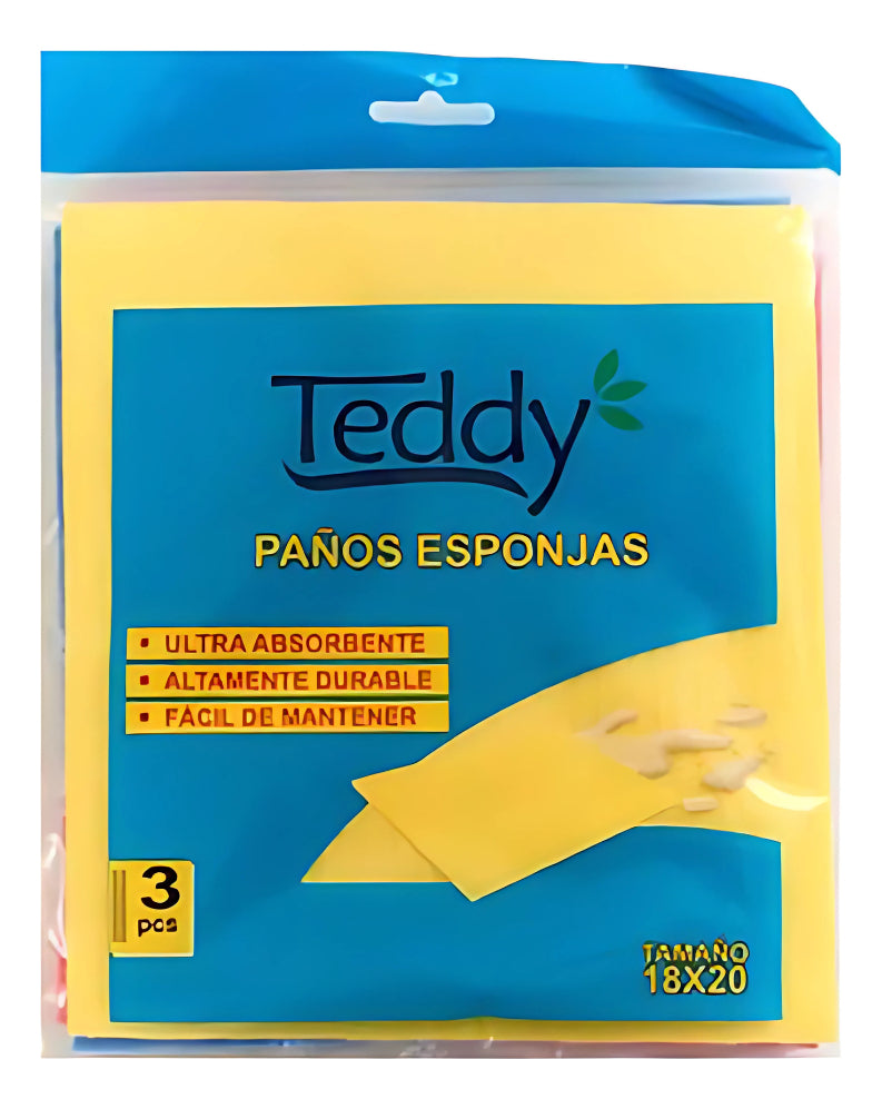 Paños Esponja Absorbente Aseo Teddy 18x20cm Pack3 Unid