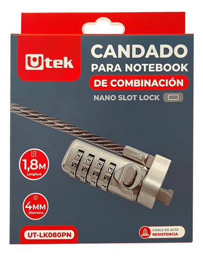 Candado Notebook Slot Nano Con Clave 1.8mt Cable 4mm Fuerte
