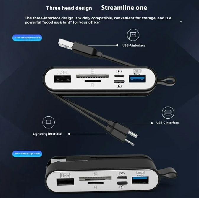 Hub 6 En 1 Entrada Usb 3.0 Usb C Ligthning Pc Smartphone