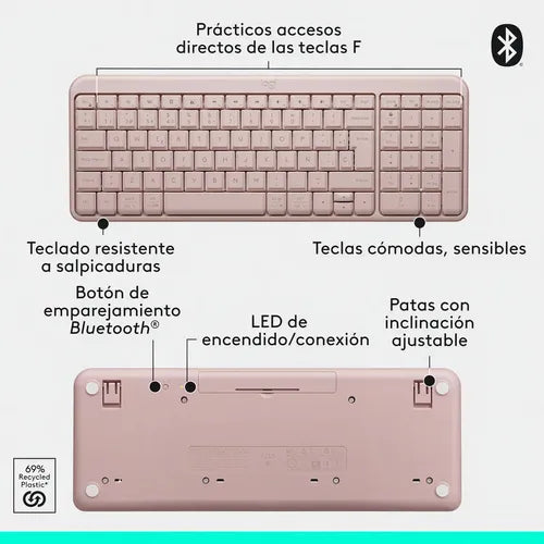 Teclado Inalámbrico Bluetooth Logitech K250 Rosado Rosa Español España