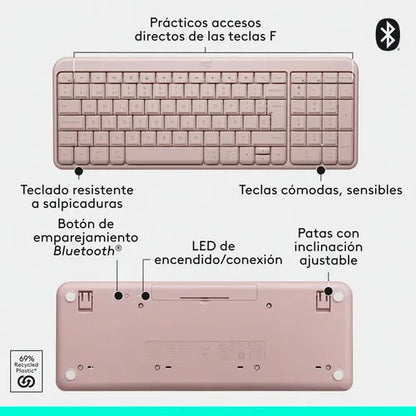 Teclado Inalámbrico Bluetooth Logitech K250 Rosado Rosa Español España