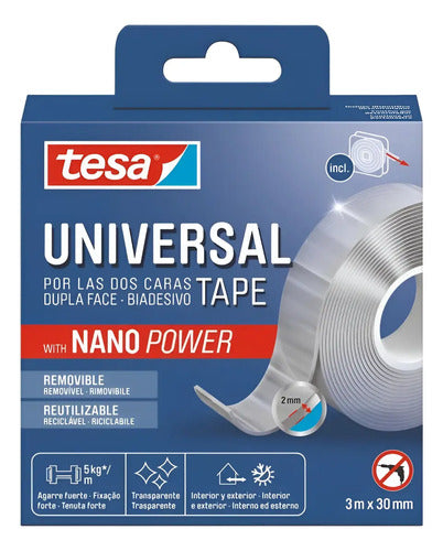 Cinta Doble Faz Siliconada Nano Power 3m X 30mm. Tesa Transparente Liso