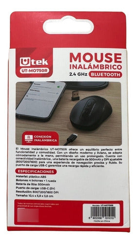Mouse Inalámbrico Recargable Usb C Bluetooth Silencioso Utek Negro