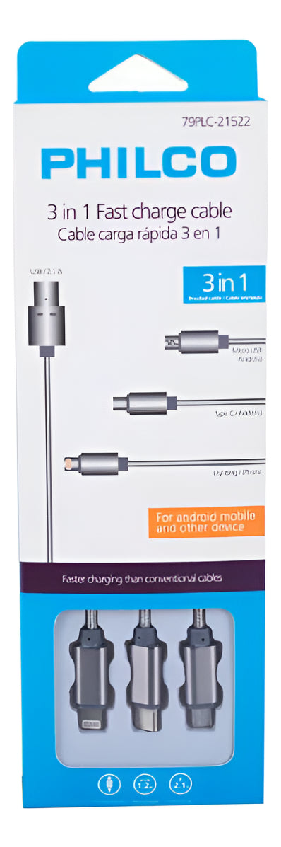 Cable Carga Rápida 3 En 1 Micro Usb iPhone Tipo C Philco
