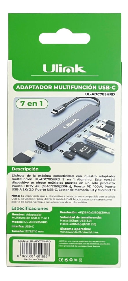 Adaptador Hub Tipo C Multipuerto 7 En 1 Hdtv Sd Tipo C Usb
