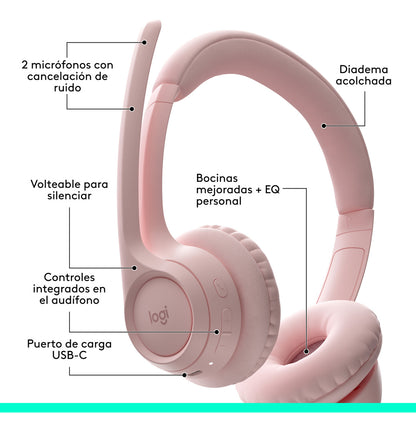 Audífonos Inalámbrico Con Micrófono Zone 300 Logitech Rosado