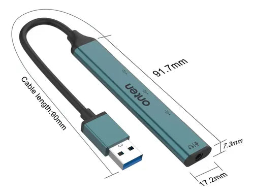 Adaptador Audio  4 En 1 Onten Usb 3 Puertos Usb 2.0 Jack 3.5 Azul Petróleo