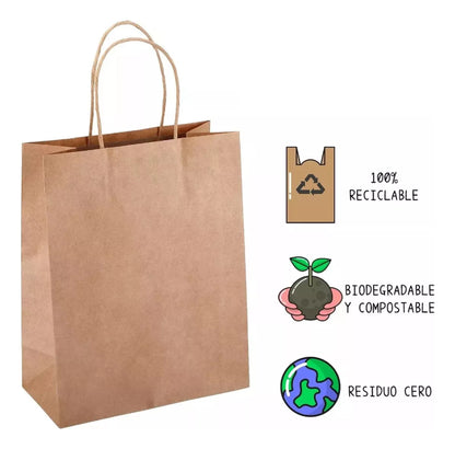 Bolsa Papel Kraft Manilla 22 X 10 X 25 Pack 10 Unidades