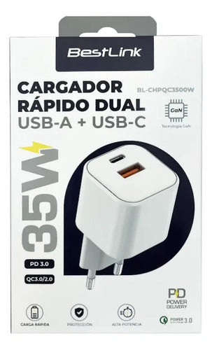 Cargador Pared 35w Dual Usb A Usb C Quick Charge 3.0 Blanco