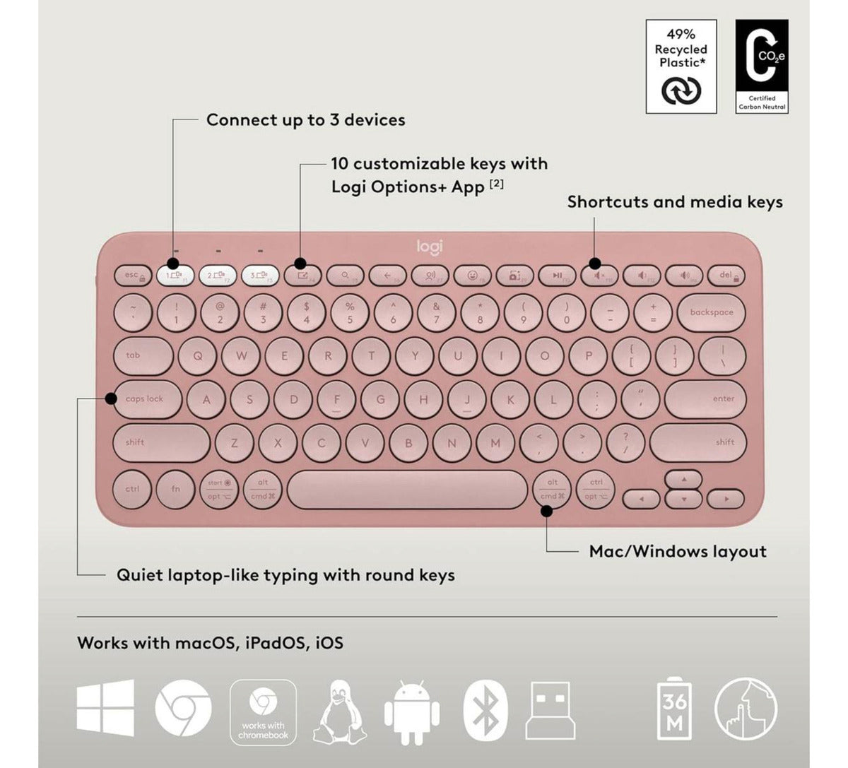 Teclado Portatil Compato Kebble Keys 2 K380s Logitech Rosa