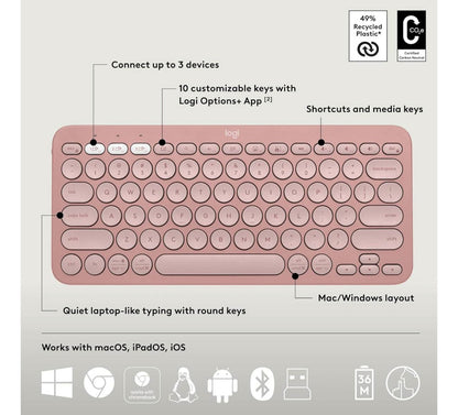 Teclado Portatil Compato Kebble Keys 2 K380s Logitech Rosa
