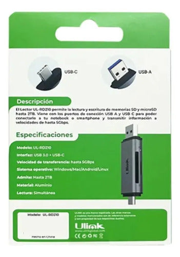 Adaptador Tarjeta Sd Microsd Macbook Celular Usb C 2tb Ulink Gris