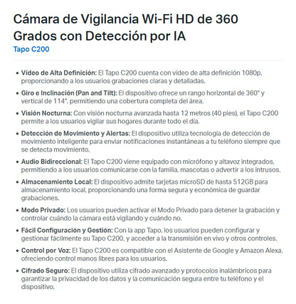 Cámara Vigilancia Ia Visión Nocturna Wi-fi 360° Tapo C200