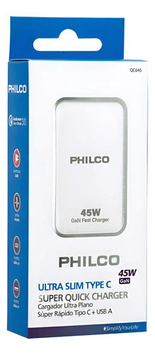 Cargador Pared Rápido Ultra Plano Tipo C + Usb 45w Philco Blanco