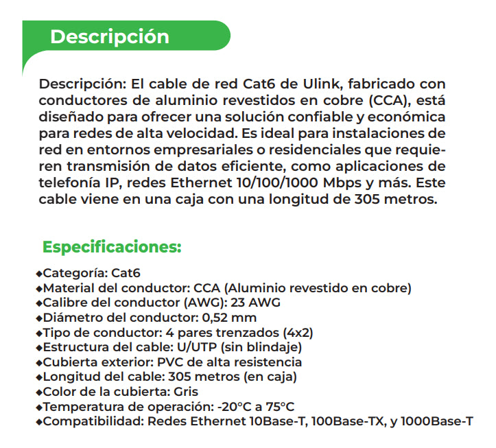Cable Red Cat6 Utp 23 Awg Cca Caja 305 Mts 4x2x0.52mm Ulink