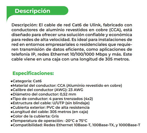 Cable Red Cat6 Utp 23 Awg Cca Caja 305 Mts 4x2x0.52mm Ulink