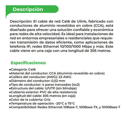 Cable Red Cat6 Utp 23 Awg Cca Caja 305 Mts 4x2x0.52mm Ulink