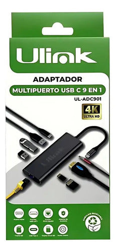 Hub Usb Tipo C Multipuerto 9 En 1 Rj45 Hdtv Sd Jack Usb 4k Gris Oscuro