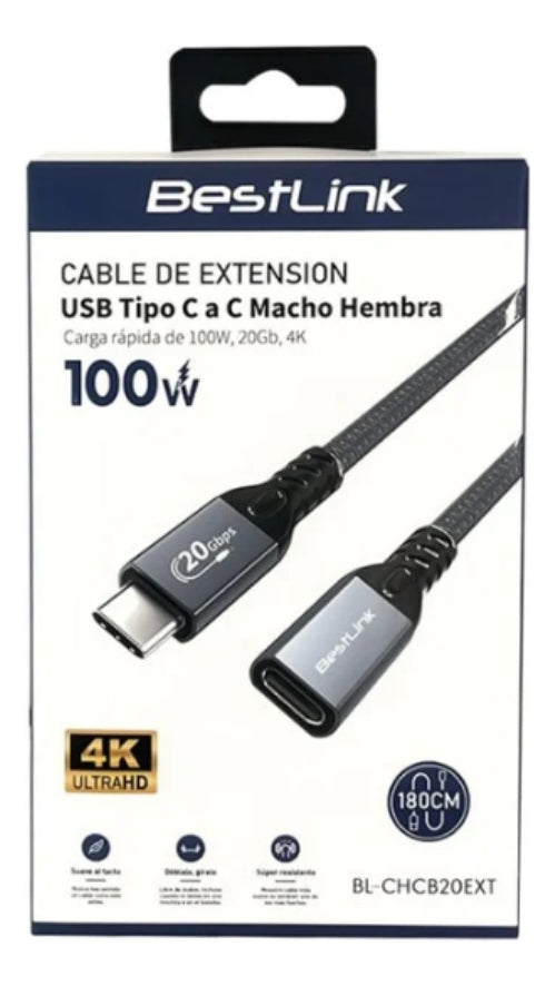 Cable Alargador Usb C Macho A Usb C Hembra 1,8 Metros