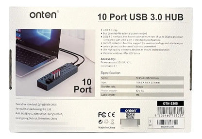 Hub 10 Puertos Usb 3.0 Con Switch Otn-5308 Onten Gris Oscuro