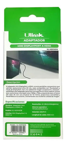 Cable Adaptador Mini Displayport A Hdmi 4k 1.8mt Premiun Negro