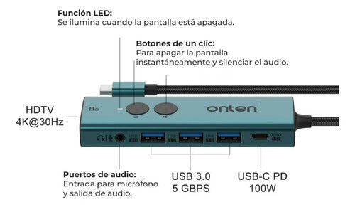Hub Usb-c 6 En 1 Onten Hdmi 4k Pd 100w Azul Petróleo Otn-uc123+