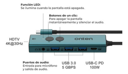 Hub Usb-c 6 En 1 Onten Hdmi 4k Pd 100w Azul Petróleo Otn-uc123+