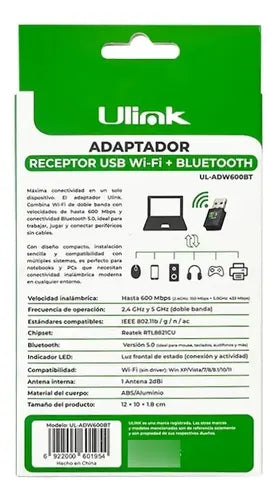 Usb Wifi 600mbps Dual Band 5g 2.4g Bluetooth 5 Ul-adw600bt