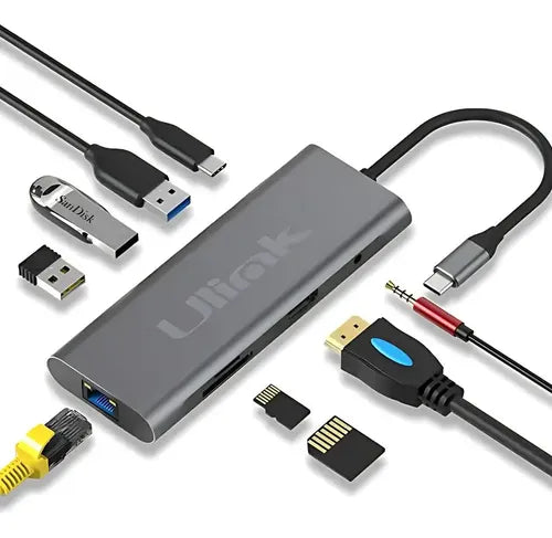 Hub Usb Tipo C Multipuerto 9 En 1 Rj45 Hdtv Sd Jack Usb 4k Gris Oscuro