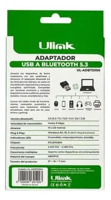 Adaptador Usb Bluetooth 5.3 Ulink Ul-adbt5300 Pc 3mbps