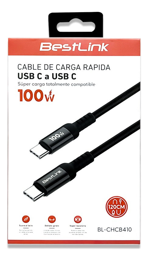Cable Usb Tipo C Carga Rápida 100w Anti Nudos 120cm Bestlink