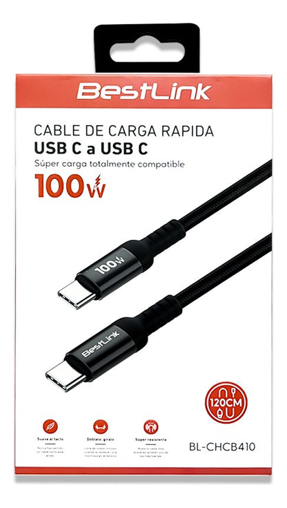 Cable Usb Tipo C Carga Rápida 100w Anti Nudos 120cm Bestlink