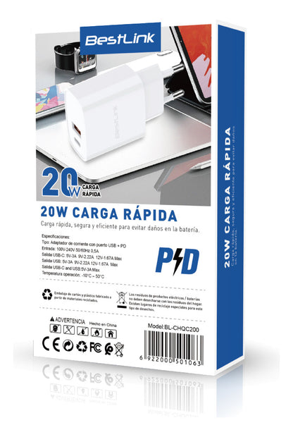 Cargador Dual Usb-c Usb Carga Rápida 20w Certificado Celular