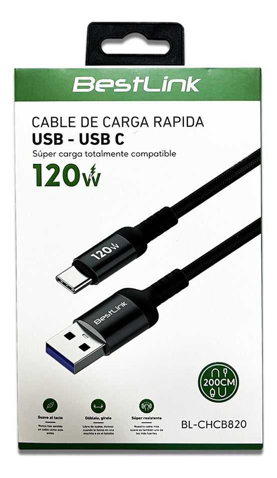 Cable Usb A Usb C Carga Transmisión Rápida 120w Anti Nudos