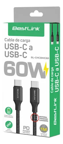 Cable Trenzado Usb-c A Usb-c 60w Bestlink Potencia 1 Metro Negro